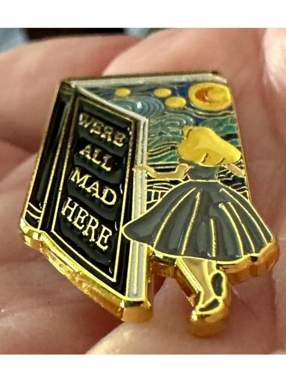 Alice in Wonderland Pin We’re All Mad Here Book Design Starry Night Rabbit Hole